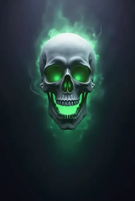 a white skull surrounded by an eerie green glow on a dark purple background