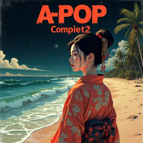  Playlist image with dark beach background or retro 80s with sun and palm trees.  With a very beautiful adult girl in Japanese style ramma .  Has the Title : A-Pop Compile 2 .0