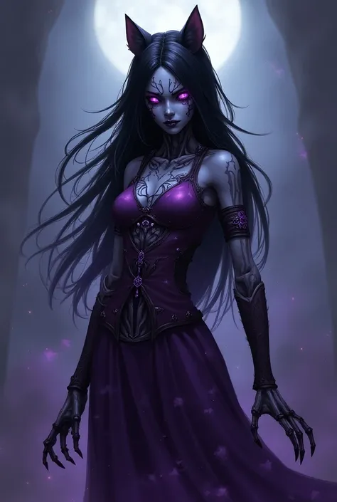 Skielletton women, Undertale, purple eyes, Wolf long Black hair, purple warrior dress with star and hate soul