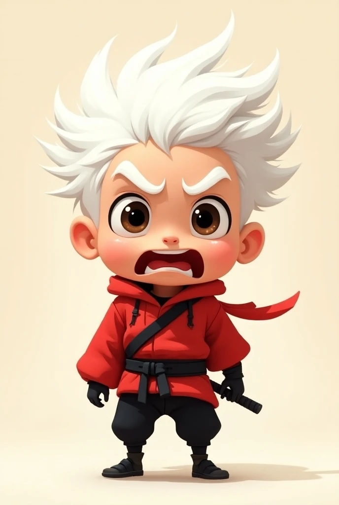 Make a little ninja who wears a red jacket and black pants with white hair and hes in shock Cartoon style with minimalist background 