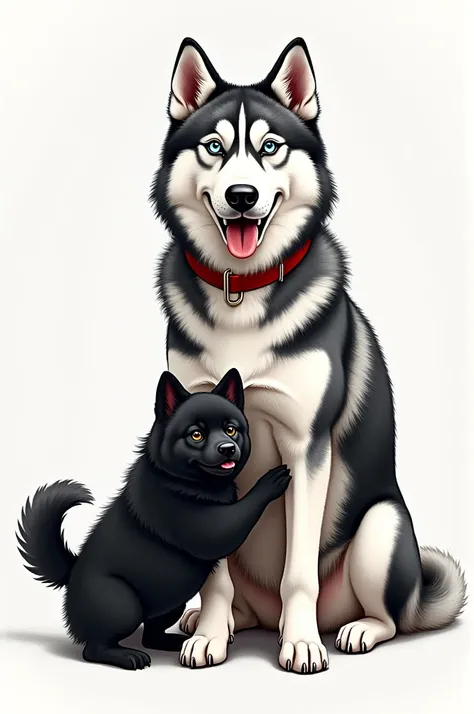 create a tattoo, Debun sitting Husky dog and another small black churon mixed breed dog biting the huskys red collar