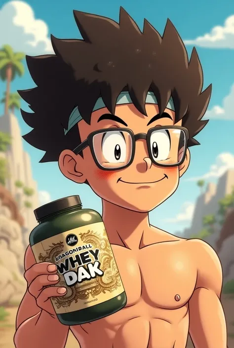 Curly haired boy with a band on his black hair  , Nerd glasses medium size  ,super marked fitness tan  , Without a shirt taking his protein that says whey protein version Dragon Ball like a cute baby animated 