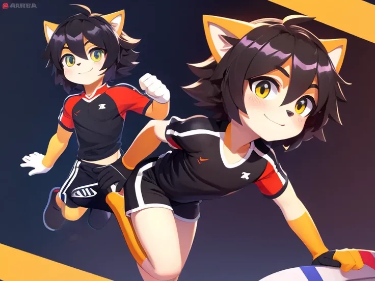 A cute black cat boy with shiny hair, a detailed body, sports clothes, a nice background, high quality, a masterpiece 