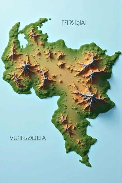 Heres the 200-character description :

" Simple map of Venezuela with three relief regions:  mountains in the north  (Mountain Coast ),  plains in the center  ( Llanos ),  and plateaus in the south  ( Guyana ). COLORS: green and brown ."