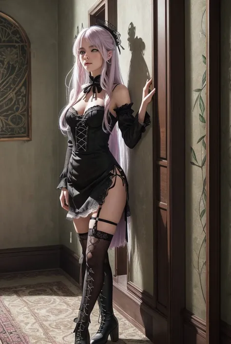 A cinematic shot of A young woman with long white hair, with pink, silver and blue streaks. She wears a short black dress with lace details, ruffles, and a black ribbon at the neck. She wears high lace-up boots with a chunky punk heel. She wears black lace...