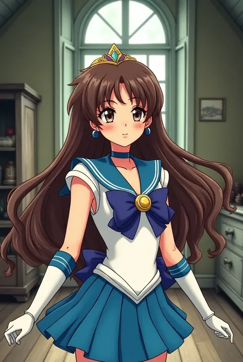 Has a sailor mercury with long brown hair in cartoon style from The Old House