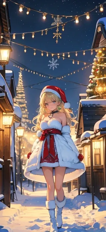 In a charming, snow-covered village of log cabins, an anime cute young woman with extremely large boobs strolls through the softly falling snow, her beauty striking against the winter wonderland around her. She has wavy blonde hair with a pink gradient. Sh...