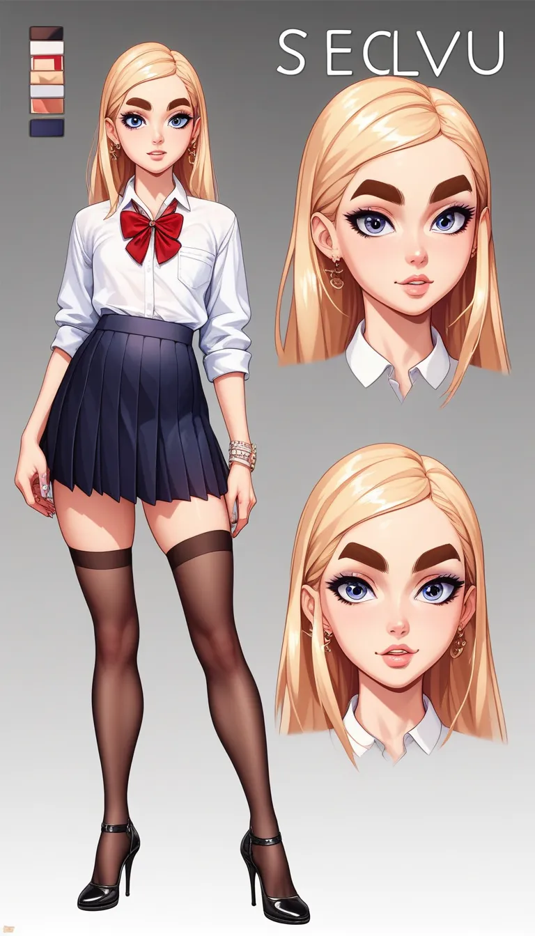 school uniform, stockings, short black skirt, white top, fashion leather heeled shoes, urban popular colors,（character design sh...