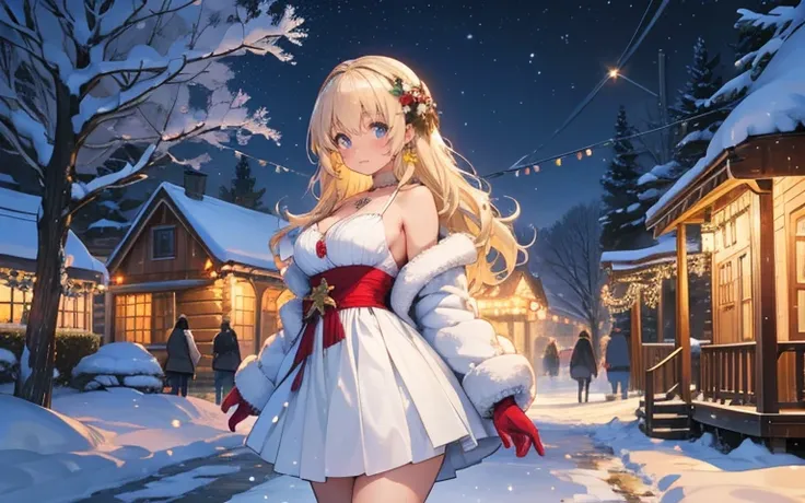 In a charming, snow-covered village of log cabins, an anime cute young woman with extremely large boobs strolls through the softly falling snow, her beauty striking against the winter wonderland around her. She has wavy blonde hair with a pink gradient. Sh...