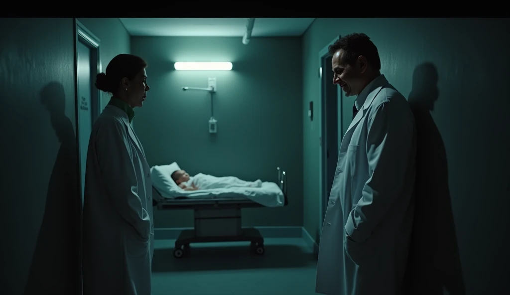 " A smiling doctor and a worried nurse in a scene inside a dark and gloomy morgue.  The morgue is full of shadows ,  with a faint light illuminating the  of a baby .  The doctor has an air of manipulation and power ,  while the nurse seems fearful , lookin...