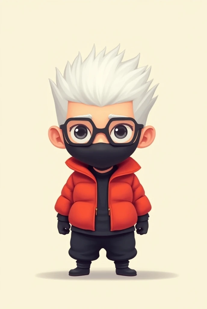 Make a little ninja who wears a red jacket and black pants with white hair and he is wearing Cartoon glasses with a minimalist background without a mask 