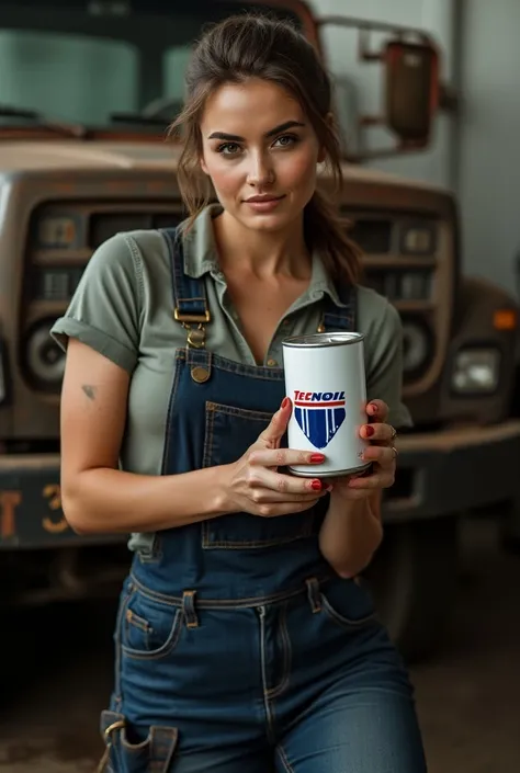  A beautiful model dressed as a mechanic changing the oil in a truck ,Lets see the oil filter with the name Tecnoil 