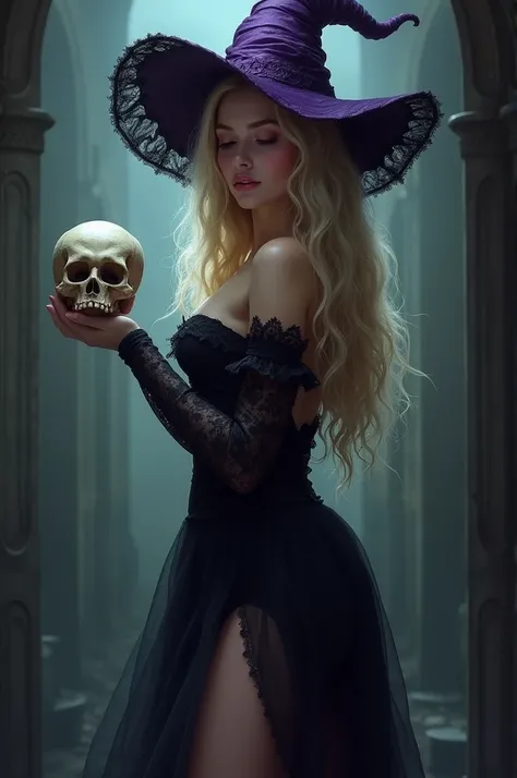 1girl, long lacy black dress, no sleeves, revealing thigh, eyes closed, soft pink lips, blushing, long blonde hair, round big breasts, purple witch hat, holding a skull in her left hand, 