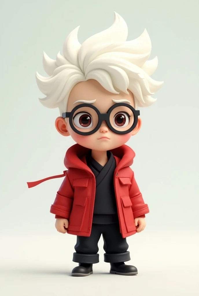 Make a little ninja who wears a red jacket and black pants with white hair and he is wearing unmasked glasses Cartoon with minimalist background 