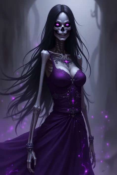 Skielletton women, Undertale, purple eyes, W long Black spike hair, purple warrior dress with stars, and hate soul
