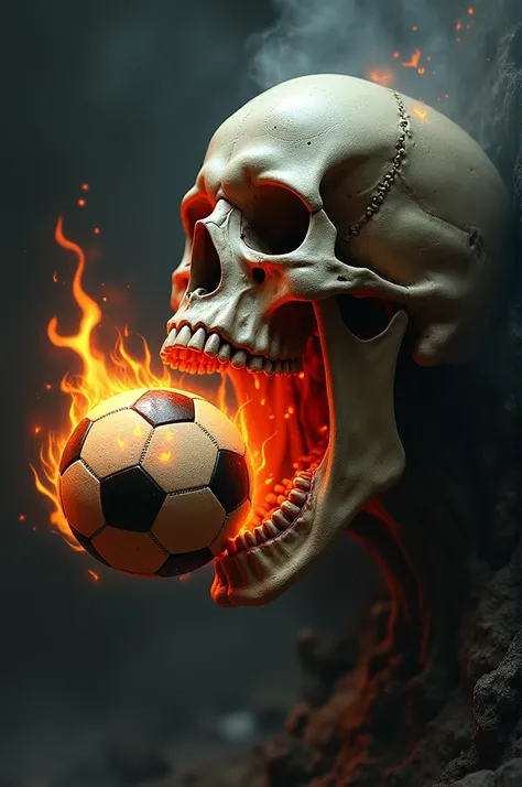 Skull spitting out a soccer ball with fire