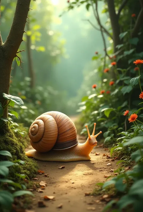 later,  the road became very narrow and full of thorns . Coco the snail ,  who was small and knew how to move between obstacles ,  offered to guide them .  With his patience ,  helped his friends to go through the road without hurting themselves.