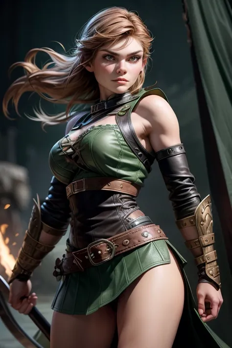 young viking woman of norse descent, warrior, short brown hair, thick eyebrows,  green eyes, leather armor,  strappy leather top...