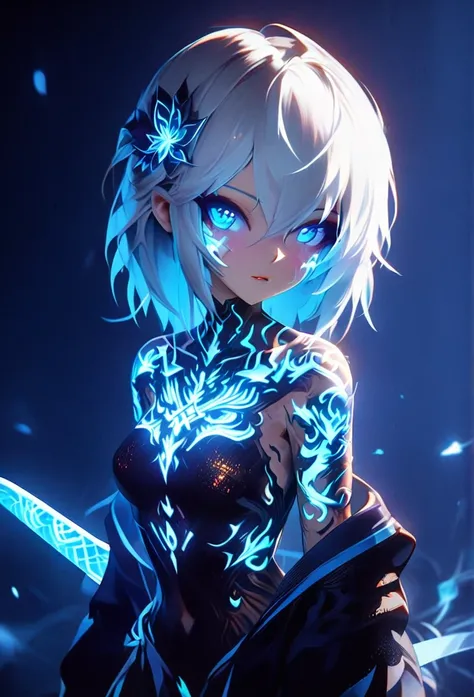  Anime Girl in a Blue Dress Holding a Sword,  Cyberpunk Art by Yang J , trending on CGSociety,  Fantasy Art , 2b, 2b ..., 🌺 CGSociety, Intricate and Decorative Anime CGI Style ,  Clear facial features , ArtStation Popular on Pixiv, White-haired God, Nightc...