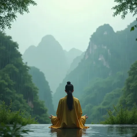 vietnamese Meditation in the Rain with Nature in the Background mounts photo, 8k 