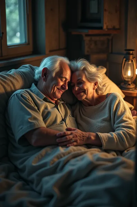 An elderly couple sleeping cuddled in an old house