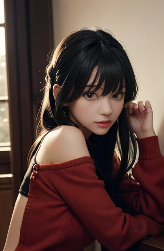 yor, forger, long black hair, tied with a white ribbon, bangs and front locks ,cute face and big red eyes, slender body, big , a red sweater, with bare shoulders, and slight neckline on the back, and black leggings with brown booties 