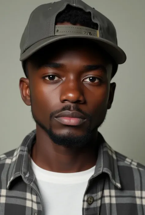 1 garçon ,africain,chapeau à lenvers, casquette de baseball, barbe, yeux marrons, lèvres, regard sérieux, moustache, nez pointu,bouche ouverte, réaliste,chemise carreau, chemise blanche, charisme , 