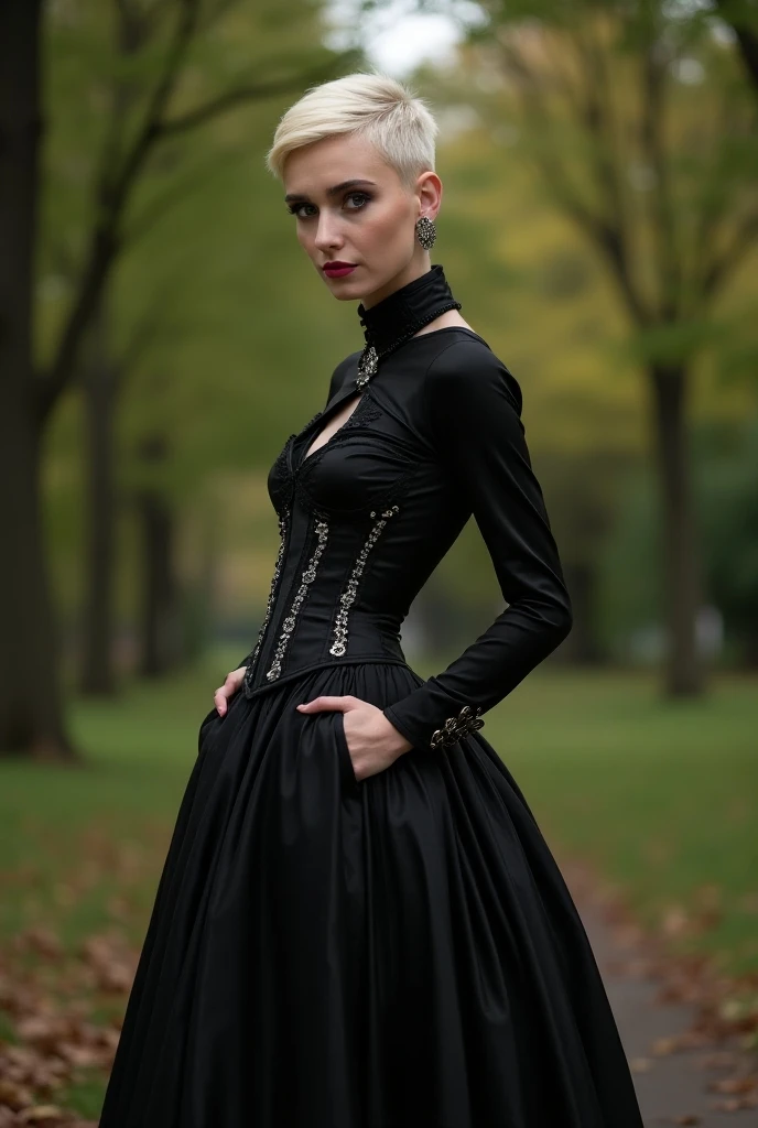 Full body photography,  whole body, very long eyelashes, ultra detaiiled photo, ultra detailed face, neon black latex corset, high closed Dress, Gouvernantenkleid, high heel ankle boots, Pixiecut blond platine , noir hairs (((Not suitable for work))). Late...