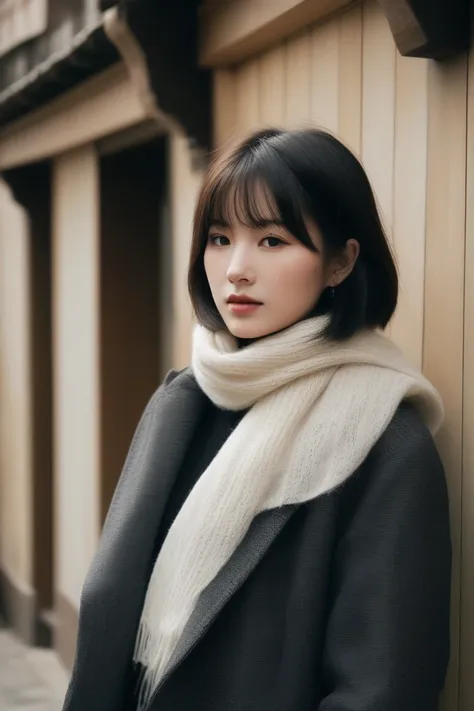 Young east asian woman with neutral expression standing outdoors in an old town. Her hair is styled in a straight, shoulder-length bob with bangs. She is wearing a black coat and white scarf. In the background, there is a mix of old town elements, includin...