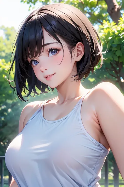 (Close-up photo of a woman)、((Upper body drawing))、((30-year-old woman))、Bright smile、 very short hair 、(  opens her mouth a little  、 high resolution on down、16k))、Summer sportswear、Early morning in the park、