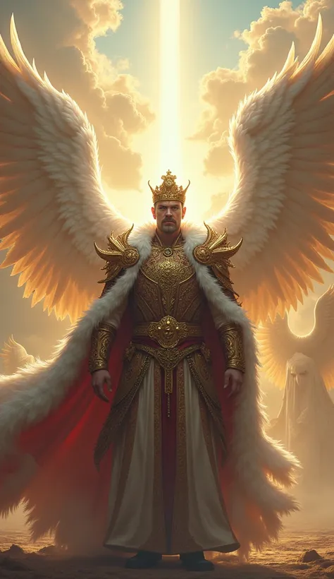 Create the image of an emperor alone fighting an army of angels

