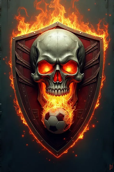 Football shield with skull design spitting a soccer ball with fire