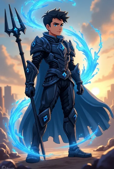 A prince with blue eyes and wavy black hair like the sea ,  wearing black armor holding the helmet that recalls the helmet of Optimus Prime and Genji from Overwatch but in the color black,  blue and black magic effects coming out of the armor as the sunris...