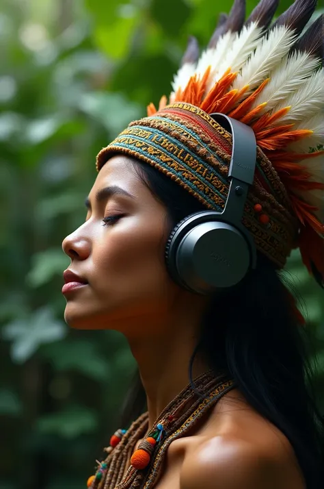 Person using headphone and indigenous headdress at the same time