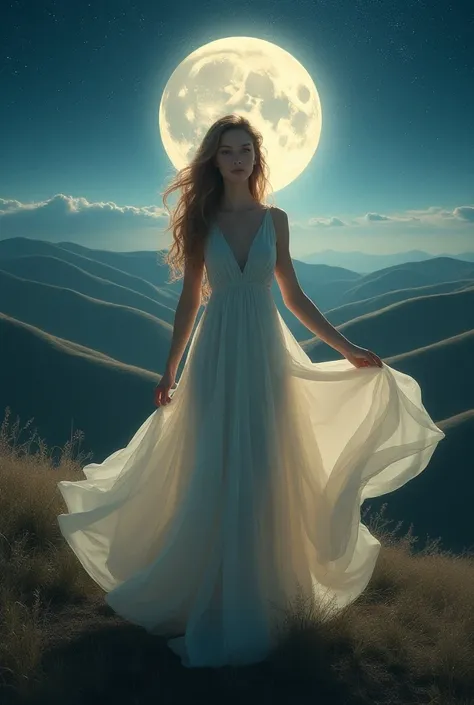 A detailed, intricate digital painting of a beautiful young woman with long, flowing hair wearing a flowing dress, posing against a backdrop of a mysterious, dreamlike landscape with rolling hills, a starry night sky, and a full moon, (best quality,4k,8k,h...