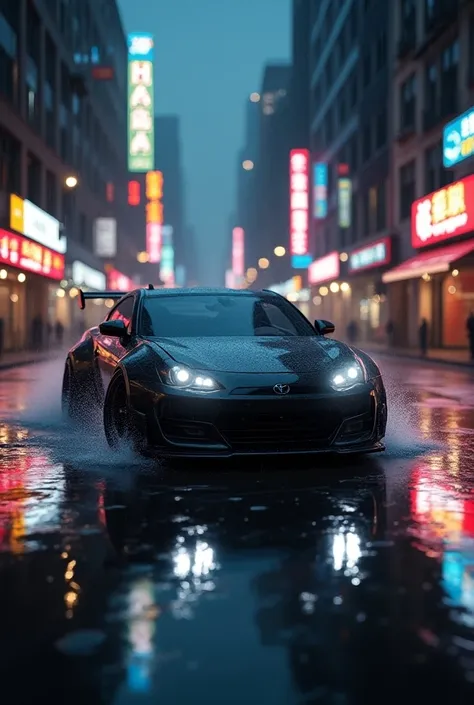 A lowered 2000 hatchback car and a raining city street