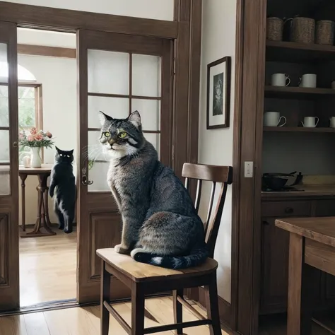 manul 20,   ansel adams style  ,   peeking secretly into a slightly opened door,、 leading to the dining room kitchen when you op...