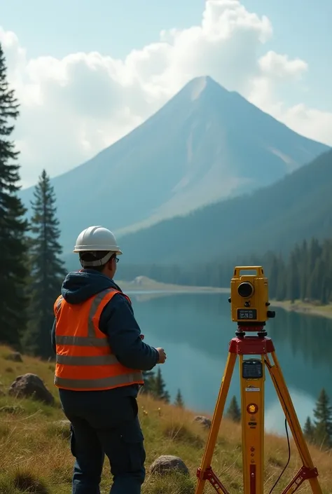  person working with a total station, person seeing the landscape ,  the landscape having a volcano , mountain, lake, forest, Add another person in whom you have a toy in your hand that is planet Earth 