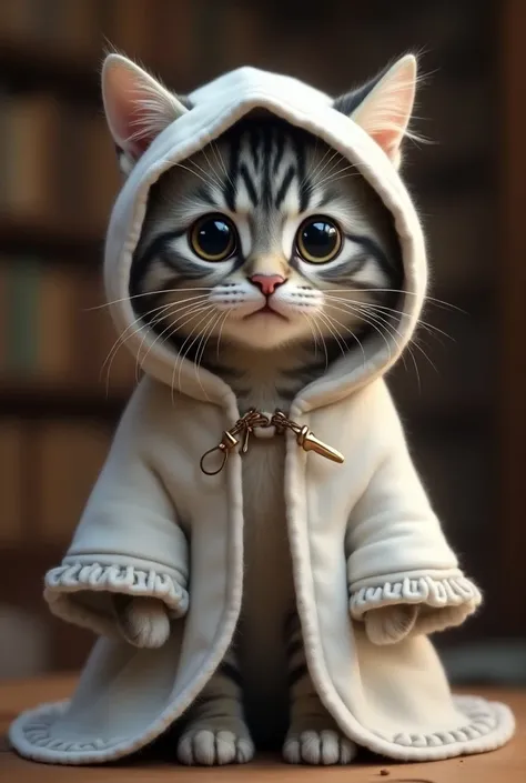  cute blue tabby cat dressed as a wizard。The robe is white 。