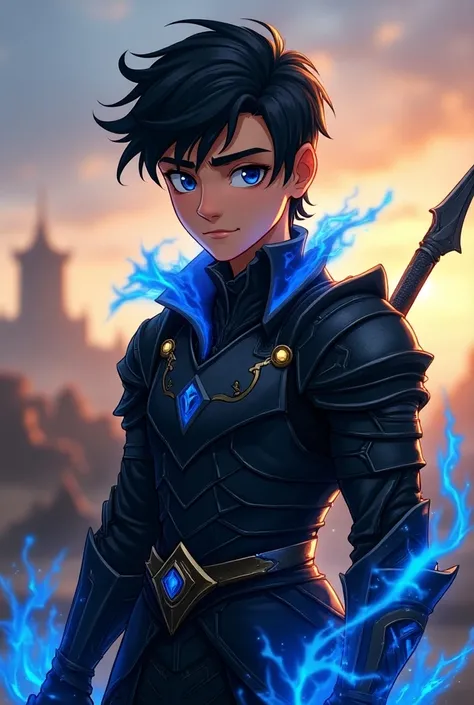 A prince with blue eyes and wavy black hair like the sea ,  wearing black armor holding the helmet that recalls the helmet of Optimus Prime and Genji from Overwatch but in the color black,  blue and black magic effects coming out of the armor as the sunris...