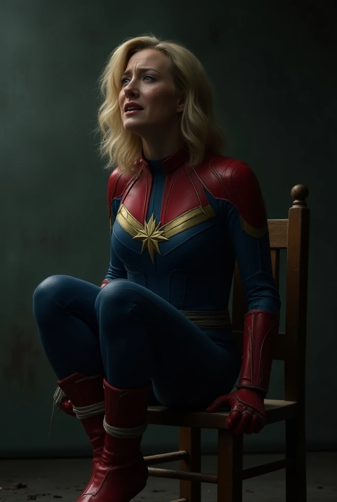  Show me an image of Captain Marvel . His arms and legs are tied to a wooden chair.. Captain Marvel is napped and sad.  She sheds a lot of tears through her eyes. Scream scared,  for help . 