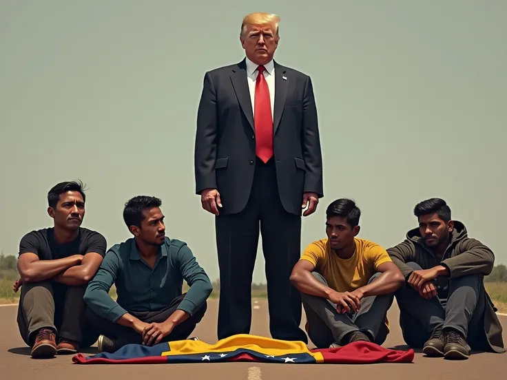 DONALD TRUMP STANDING WITH VENEZUELAN MIGRANTS SITTING ON THE FLOOR WITH THE VENEZUELAN FLAG 