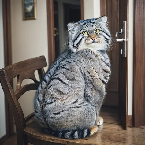 manul 20,  ansel adams style  , peeking secretly into a slightly opened door,、 manul cat that acts like a human when you open th...