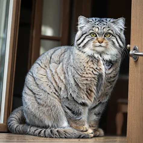 manul 20,  ansel adams style  , peeking secretly into a slightly opened door,、 manul cat that acts like a human when you open th...