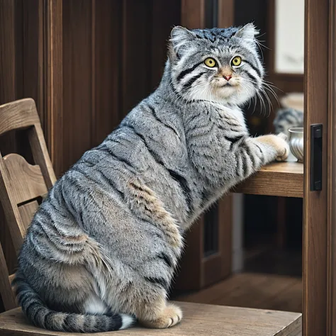 manul 20,  ansel adams style  , peeking secretly into a slightly opened door,、 manul cat that acts like a human when you open th...