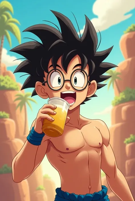 Curly haired boy with a band on his black hair  ,Who wears nerd  , medium size ,super marked fitness tan  , shirtless , Drinking his protein Dragon Ball version like a happy animated baby