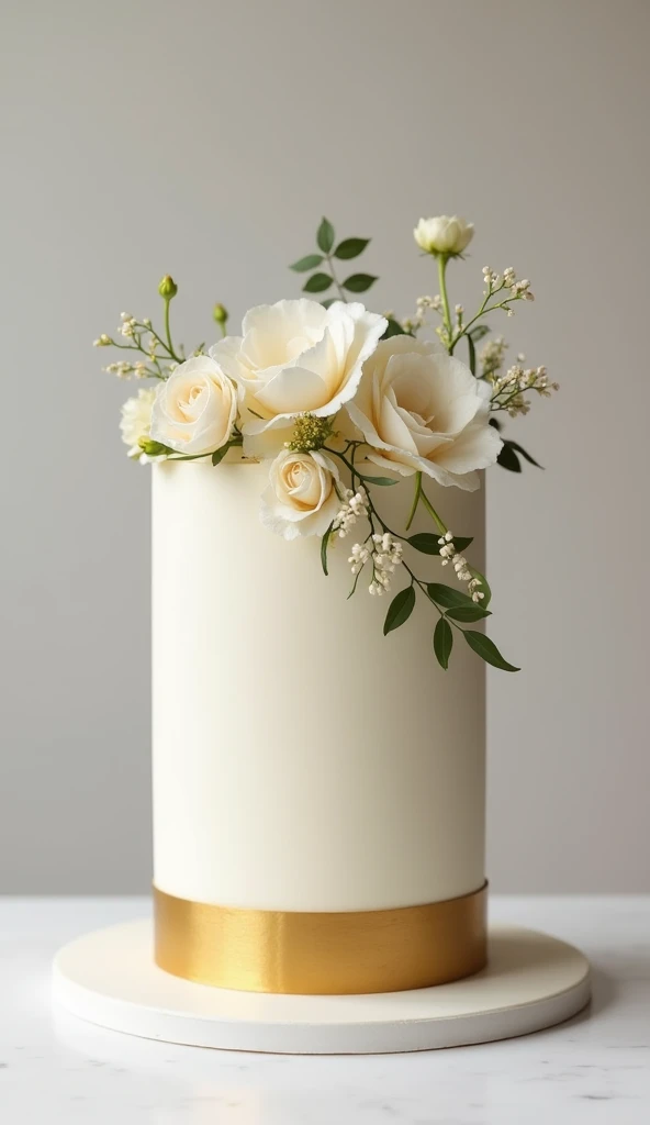 Small one-tier cotton wedding cake , cake made of white chocolate with a golden stripe at the base of the cake and flowers decorating the cake&#39;s hearth