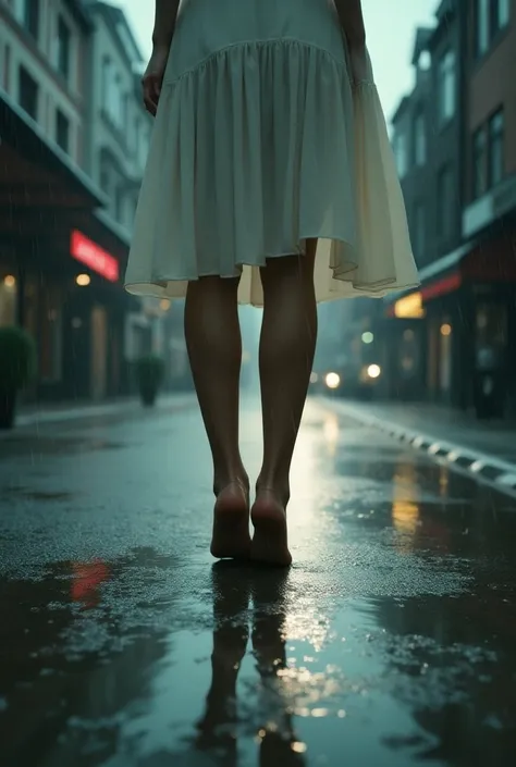 surrealism,  High level of detail,  cinematic lighting ,   feet of a barefoot woman in the middle of the street, on a rainy day, In white ankle-length dress , with ray tracing  , viewing angle, Tomas from behind , HD Hypertelevision,  masterpiece ,  de la ...