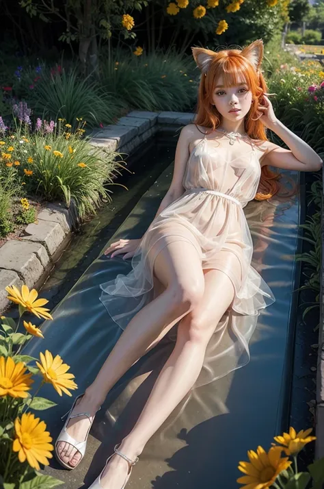 A girl with orange hair and cat ears in a transparent silk dress and glass shoes lying among flowers