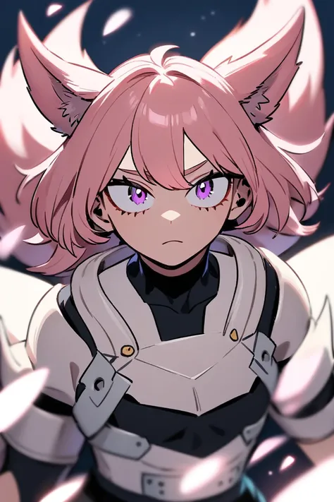 Female character,teen, short pink hair, low pink kitsune ears, white complexion, purple eyes, my hero academia